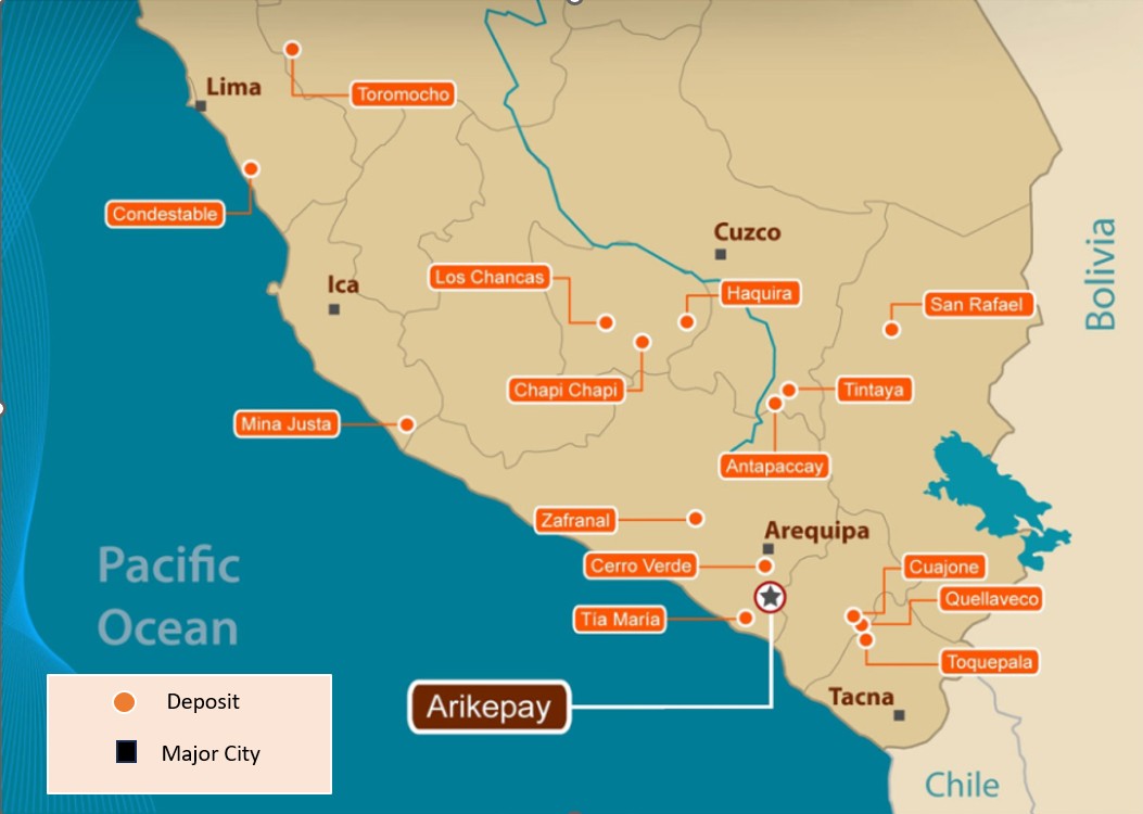 Figure 1. Map of Arikepay location among major deposits in Southern Peru