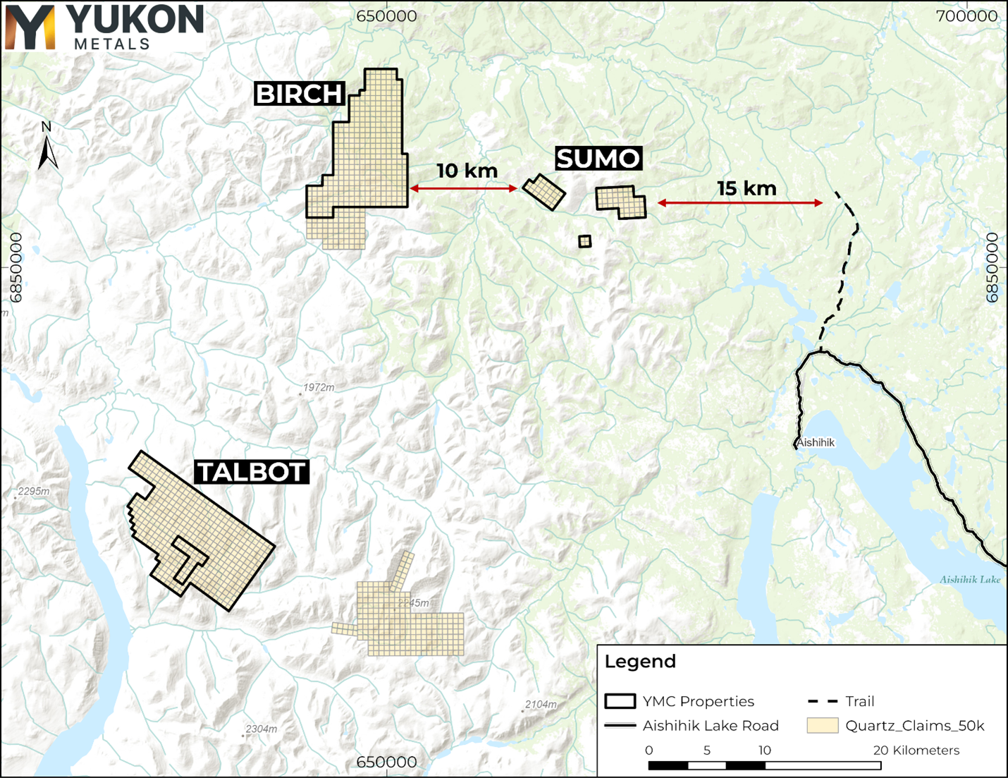 Sumo Property location relative to other Company Projects and Aishihik Lake Road (in black).