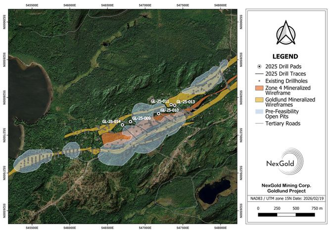 Plan map showing the location of the Goldlund Zone 4 infill drillholes