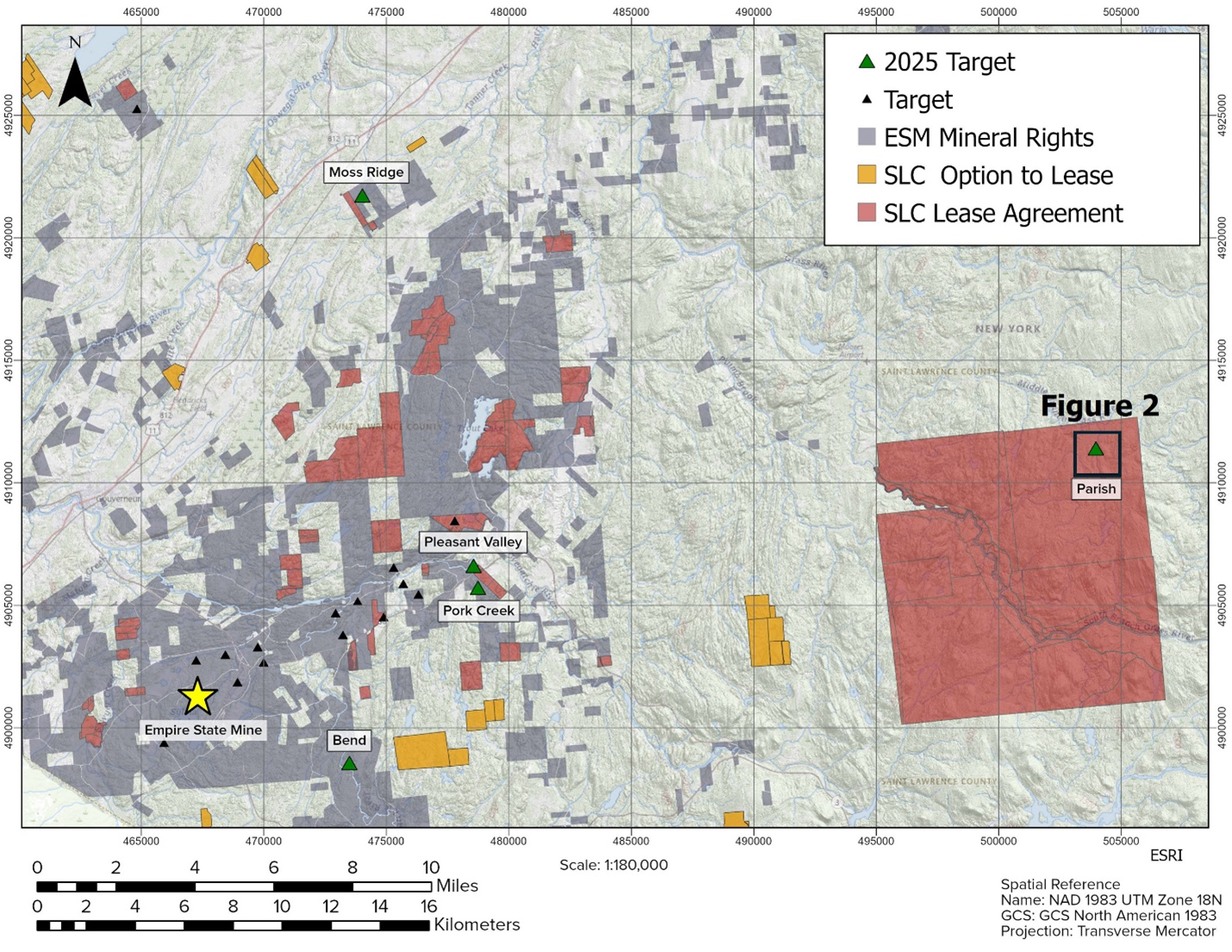 Additions to land package and ESM Drill Targets for 2025 (green triangles) and future targets (black triangles).