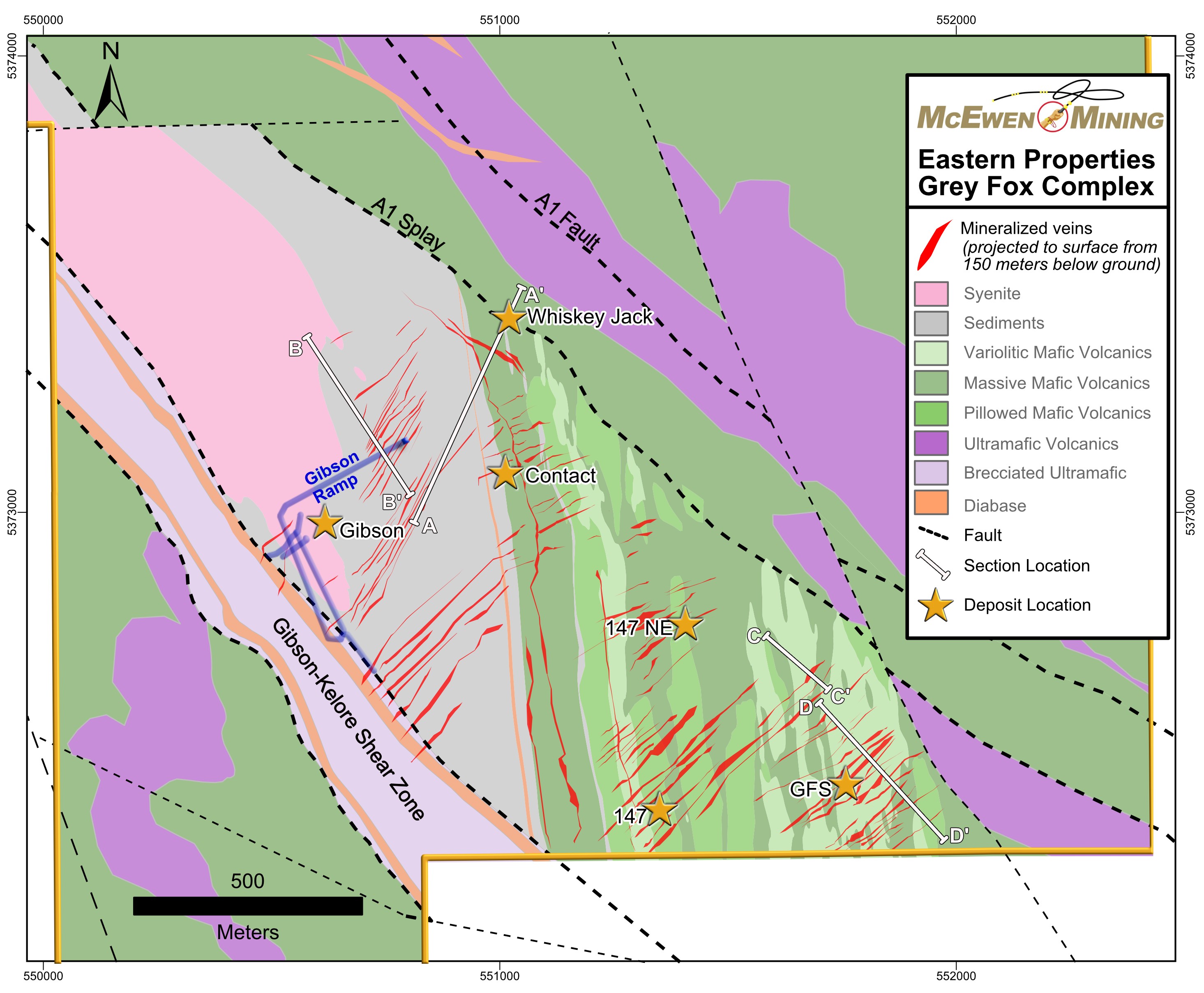 Figure 3.  Plan View Map of Grey Fox Showing the Location of Cross Sections A-A', B-B', C-C' and D-D'