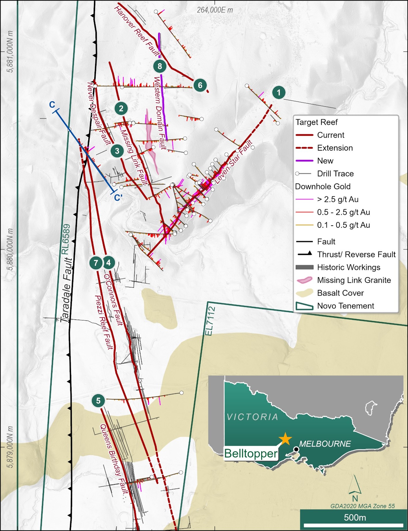 Overview Map of the Belltopper Gold Project showing location of the eight reefs included in the 2026 Exploration Target, downhole gold tenor, historical workings, important geological elements of the field and the location of Section C-C’ displayed in Figure 6.