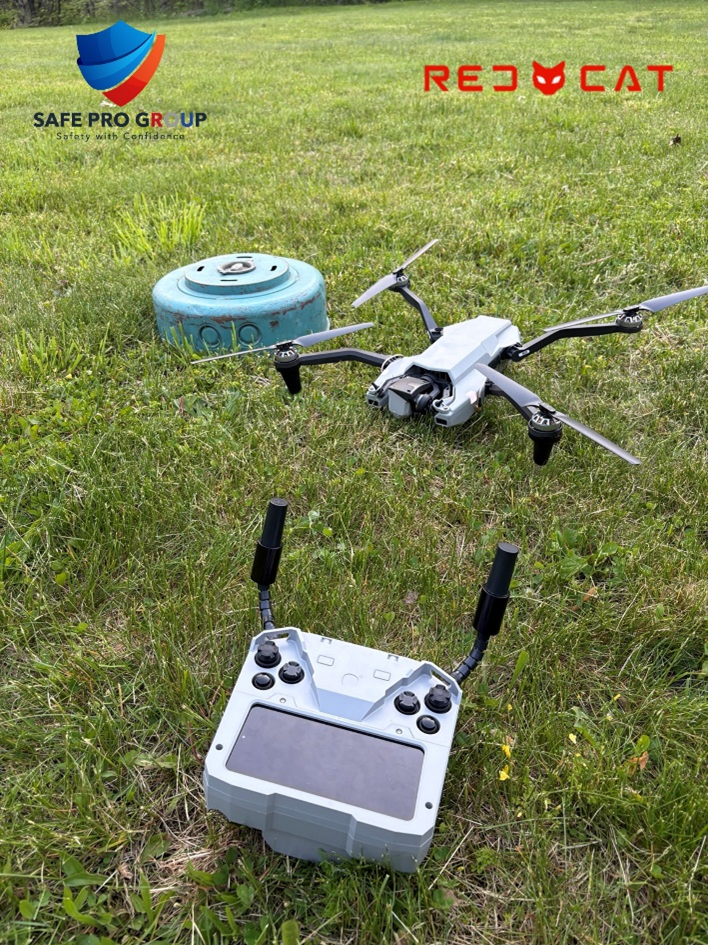 A Red Cat Black Widow™ drone undergoing testing for AI-powered detection of anti-tank mines (Source: Safe Pro Group Inc.)