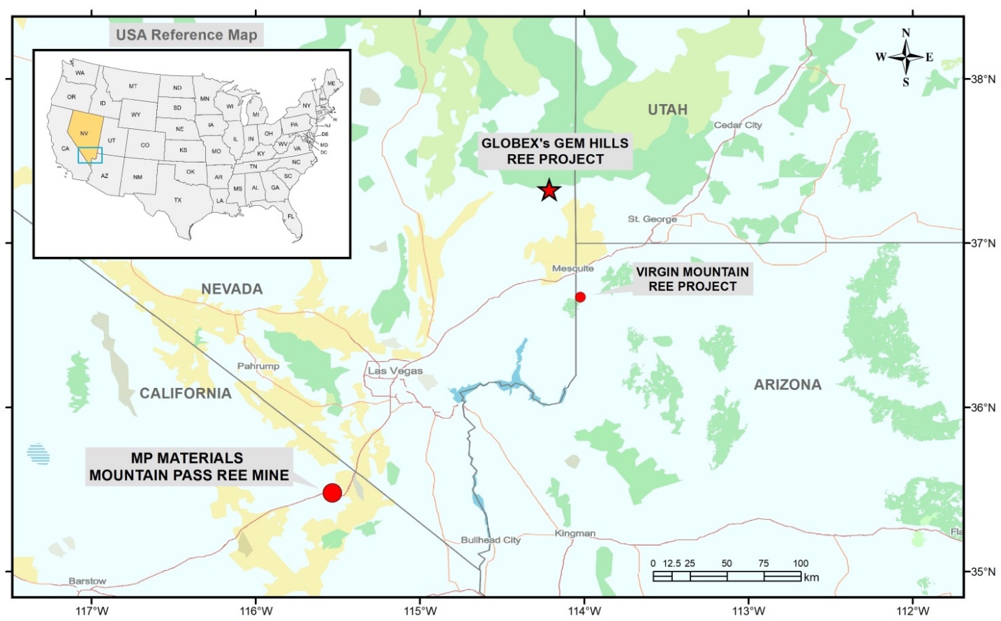 Location map of Globex’s Gem Hills Rare Earth Elements (REE) Property.