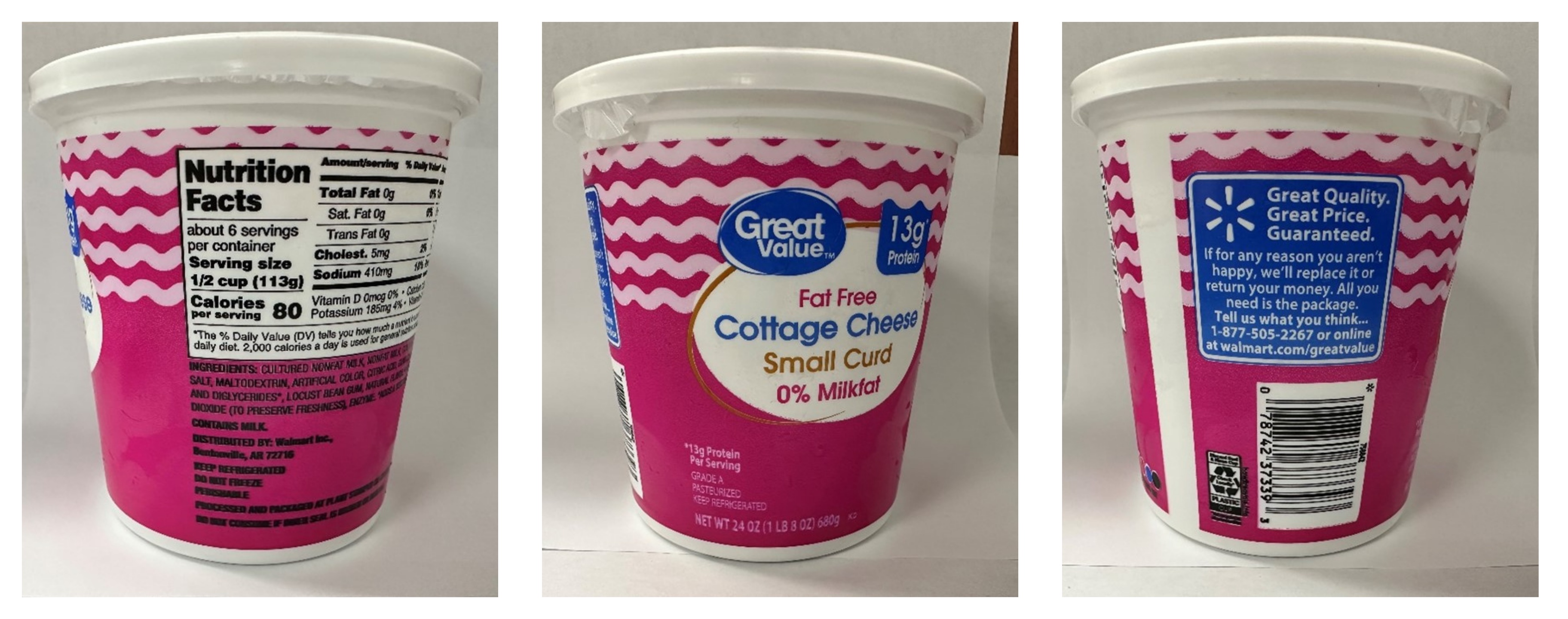 24 oz. container Great Value Fat Free Small Curd Cottage Cheese – 0% Milkfat