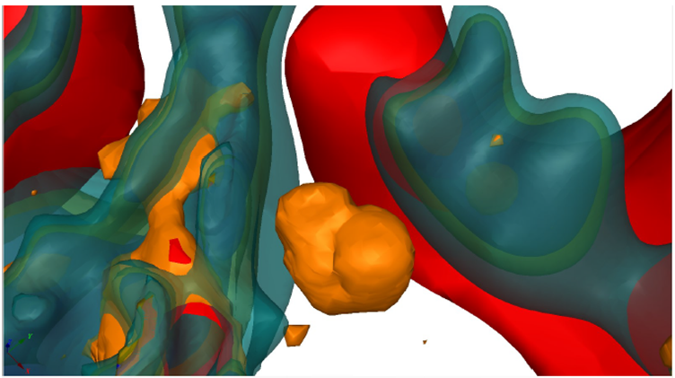 Figure 2: 3D view (looking north from above) The orange “cloud” shows a conductive zone detected by the EM survey. The red and blue outlines are earlier models of denser and more magnetic rock. The anomaly sits beside the Uitloop intrusion and close to those outlines, which fits how massive sulphides often occur: they tend to “pool” along the base or edges of an intrusion or in feeder embayments, slightly offset from the hardest, most magnetic core. This geometry is consistent with that setting, although it does not confirm mineralisation.