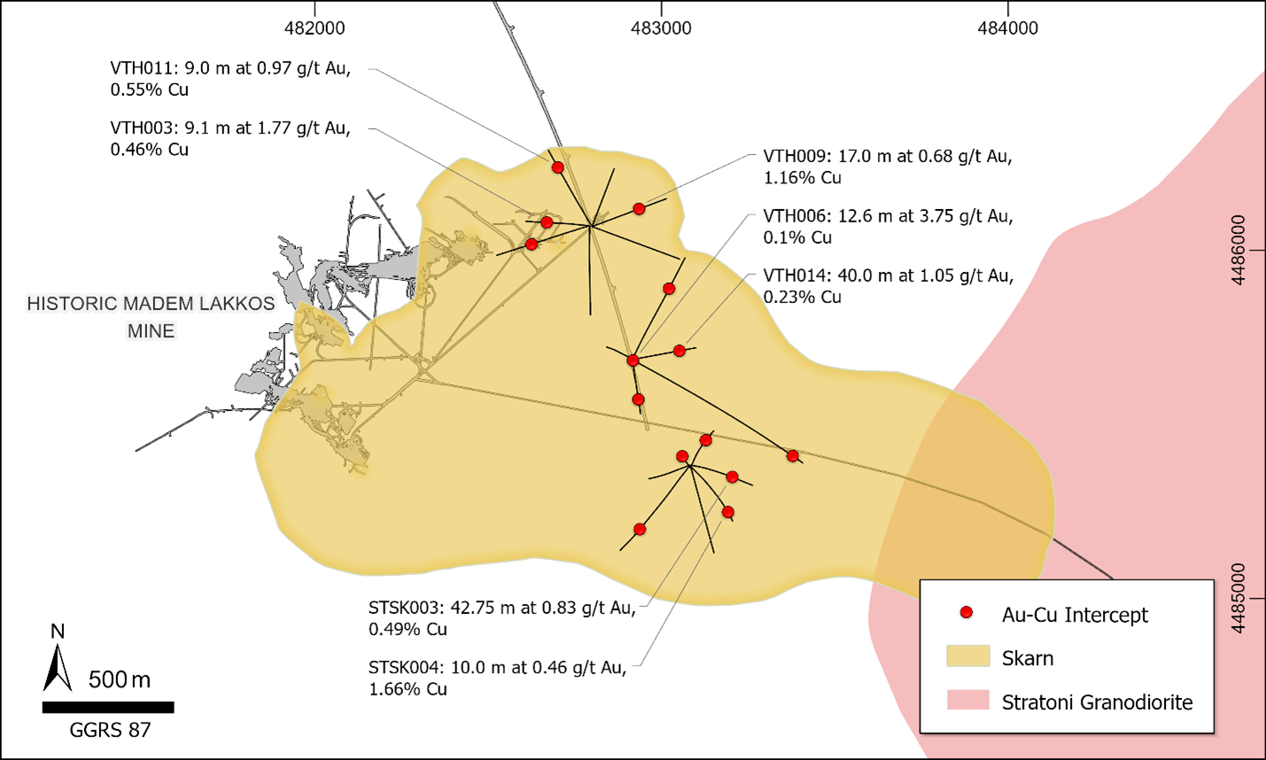 Map of the Stratoni Skarn Au-Cu deposit and highlighted drill hole intercepts.