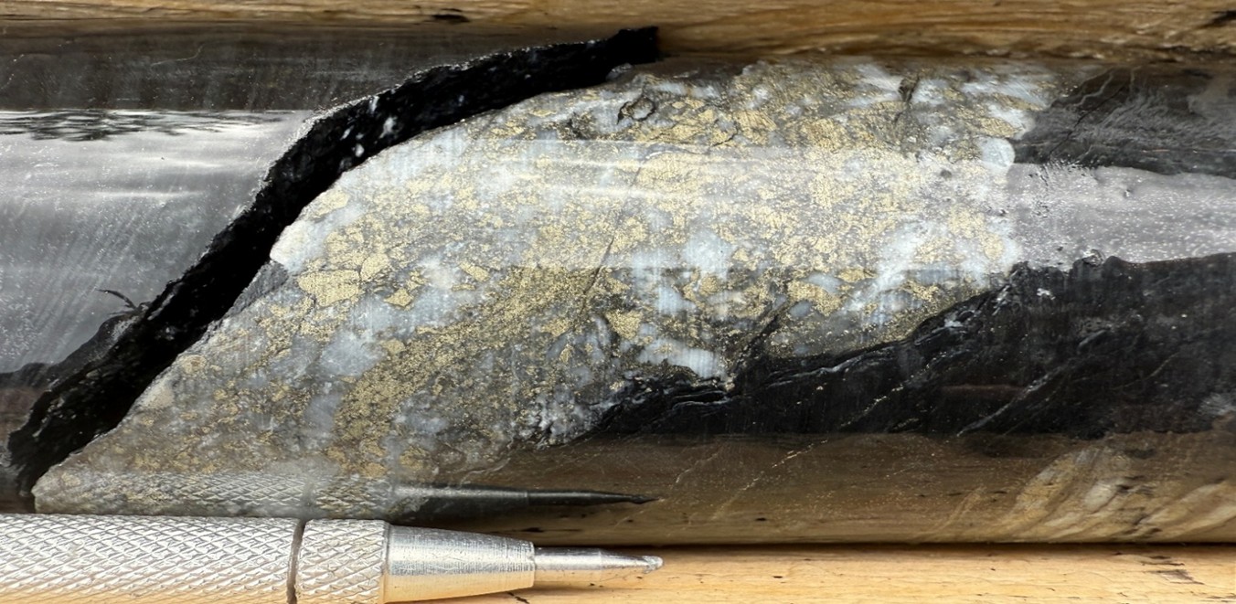 Hole SR25-003, pyrite-quartz-minor arsenopyrite vein at 140m hosted in silicified phyllite unit.