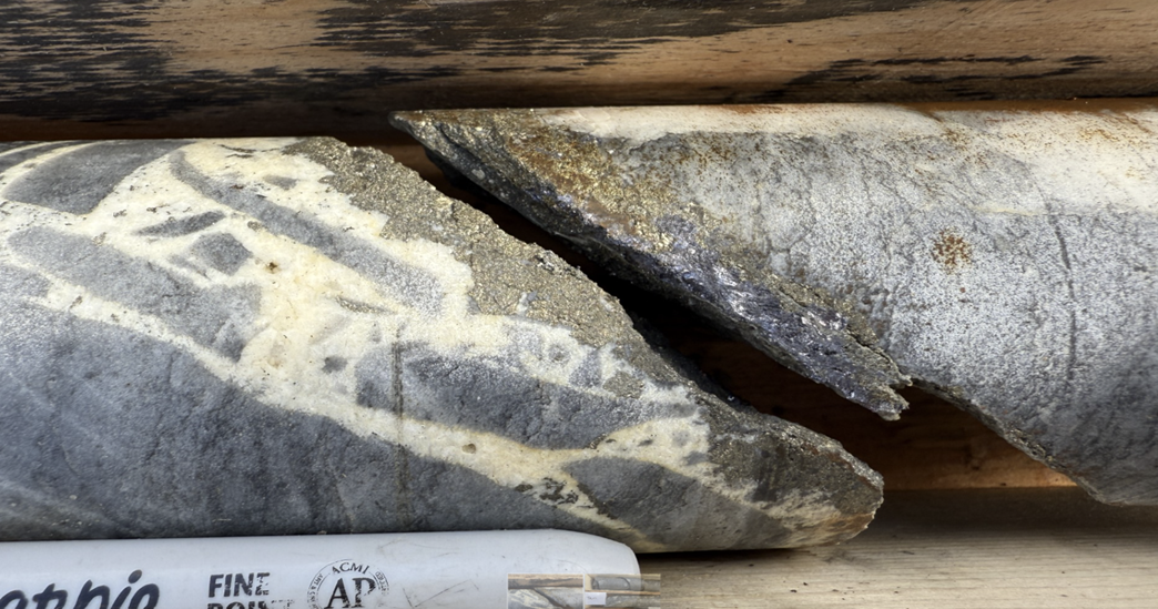 SR25-002, Brecciated galena-pyrite-ankerite-quartz vein zone at 36m, hosted in a dolostone unit.