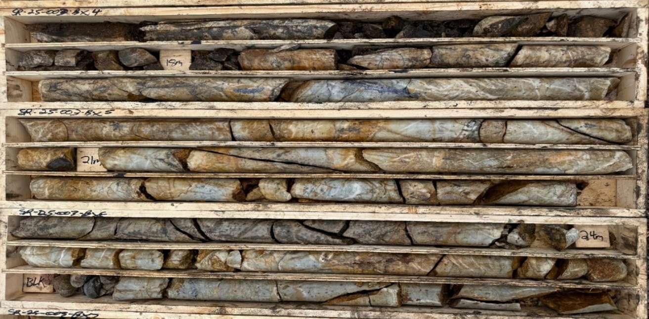 Veined and oxidized quartzite at the top of hole SR25-003 in the F2 zone. Galena, pyrite and arsenopyrite are present in quartz-ankerite veins.