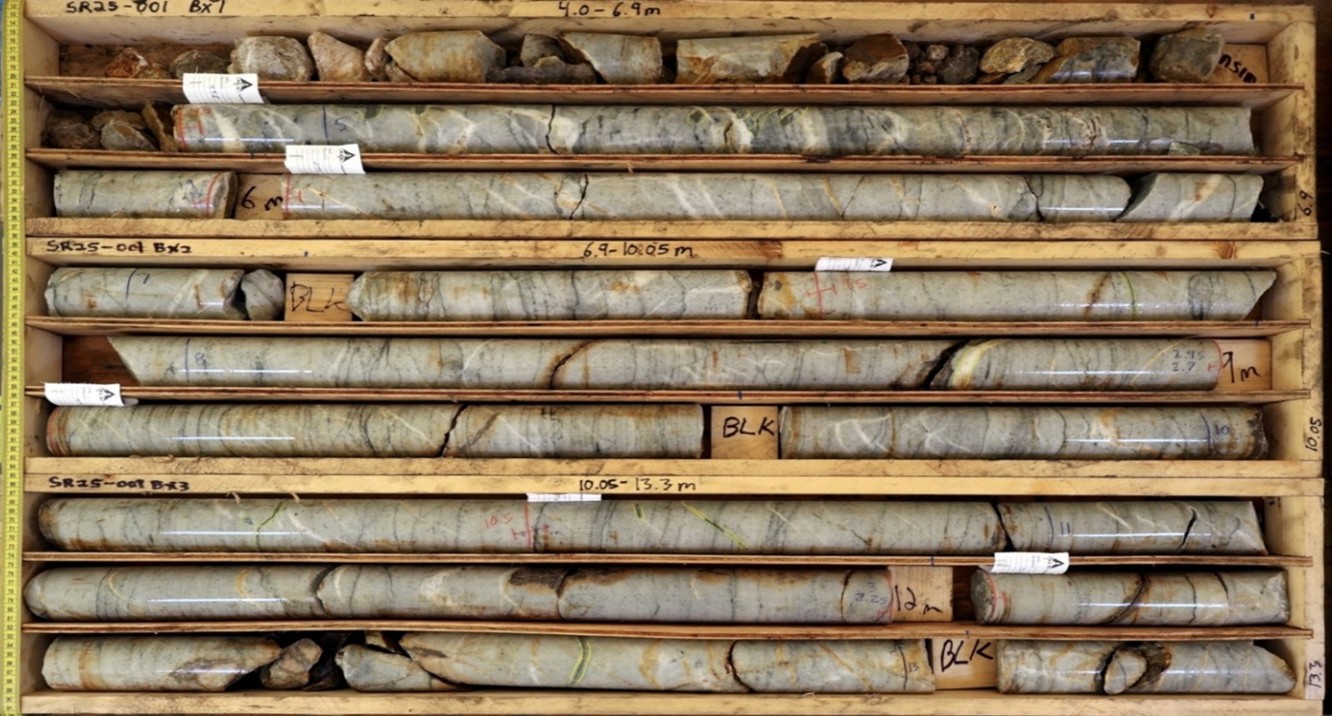 Top of first hole, SR25-001 at Star River in quartzite unit with pervasive pyrite-arsenopyrite-galena veinlets.