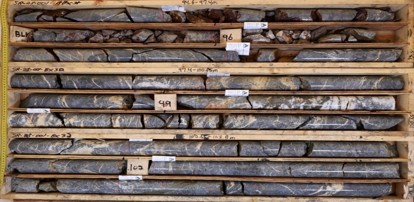 Vein zone around 100m in SR25-001 consisting of a swarm of quartz-ankerite-pyrite-galena veins hosted in silicified sediments.