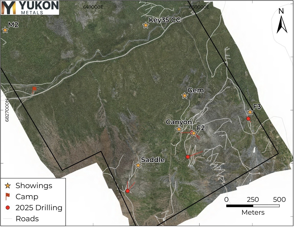 Map of initial planned 2025 diamond drill holes around Saddle, F2, F3, and Canyon zones.