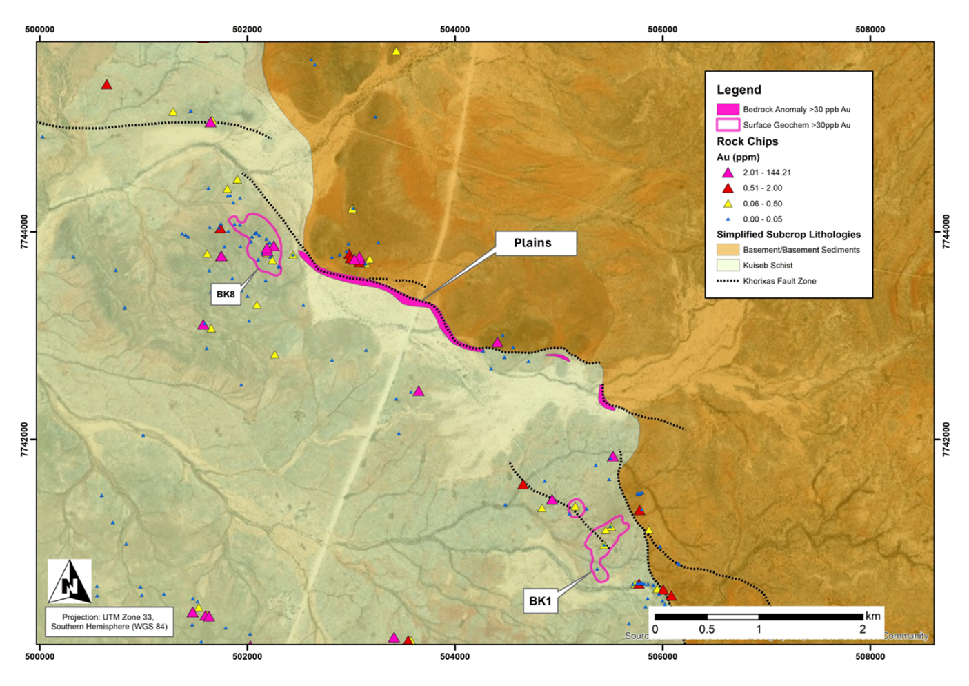 Simplified subcrop lithological map outlining the Plains bedrock anomaly on the contact between competent Archean basement and basement derived sediments (orange) and the Neoproterozoic Kuiseb schist (green). See NI43-101 dated 22nd November 2023 for rock chip details.
