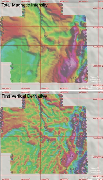 Maps showing the total magnetic intensity and first vertical derivative results from Blossom Gold’s aeromagnetic survey of the Kamma Claims. Maps are projected in NAD27 with units in feet