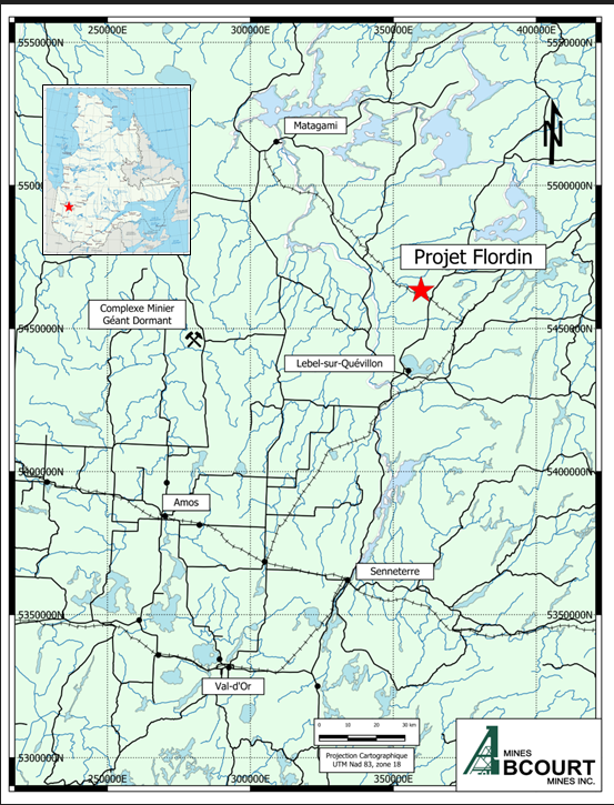 Figure 1: Map showing the Flordin Property and nearby towns