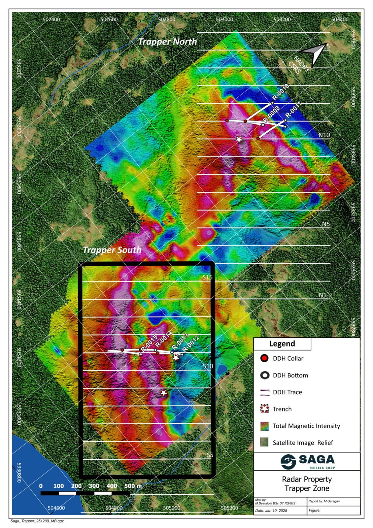 Location of the initial kick off to 2026’s phase of drilling at the Trapper Zone, showing the total magnetic intensity (“TMI”) of the 2025 Trapper Zone ground magnetic survey as well as the grid for the MRE drill program to be completed in 2026.