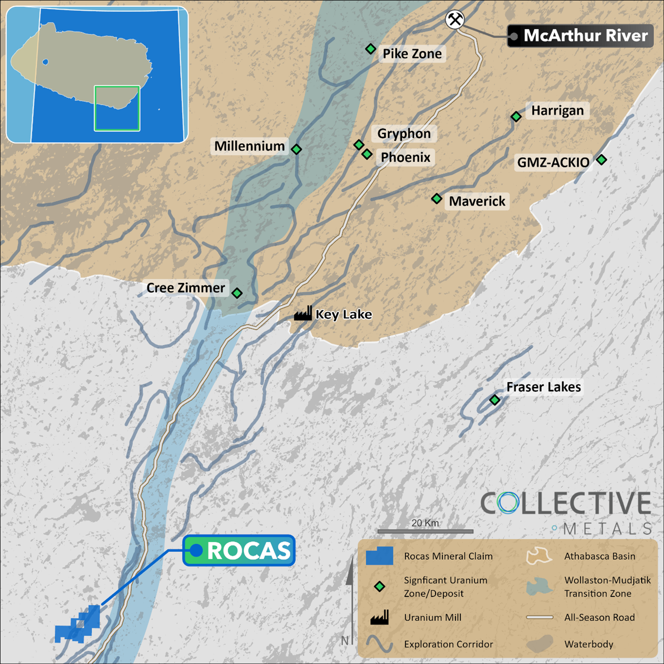 Regional map of Standard Uranium’s Rocas Project. The Project is located 75 kilometers southwest of the Key Lake Mine and Mill facilities along Highway 914.