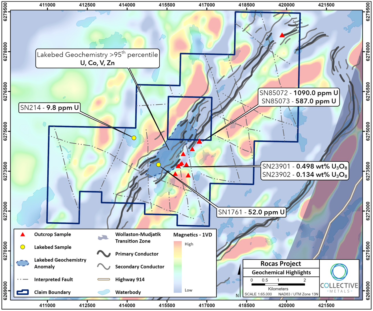 Geophysical map of the Rocas Project highlighting EM conductors, faults, historical uranium showings, and anomalous lakebed geochemistry.
