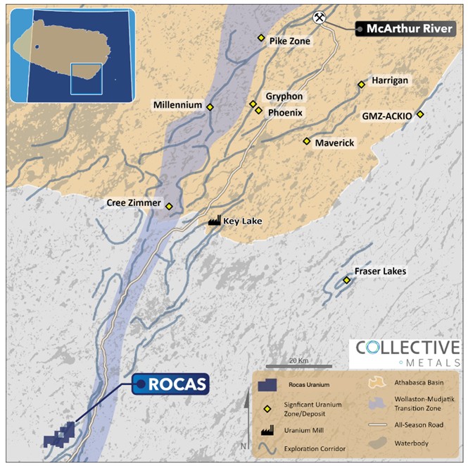 Regional map of Standard Uranium’s Rocas Project. The Project is located 75 kilometers southwest of the Key Lake Mine and Mill facilities along Highway 914.
