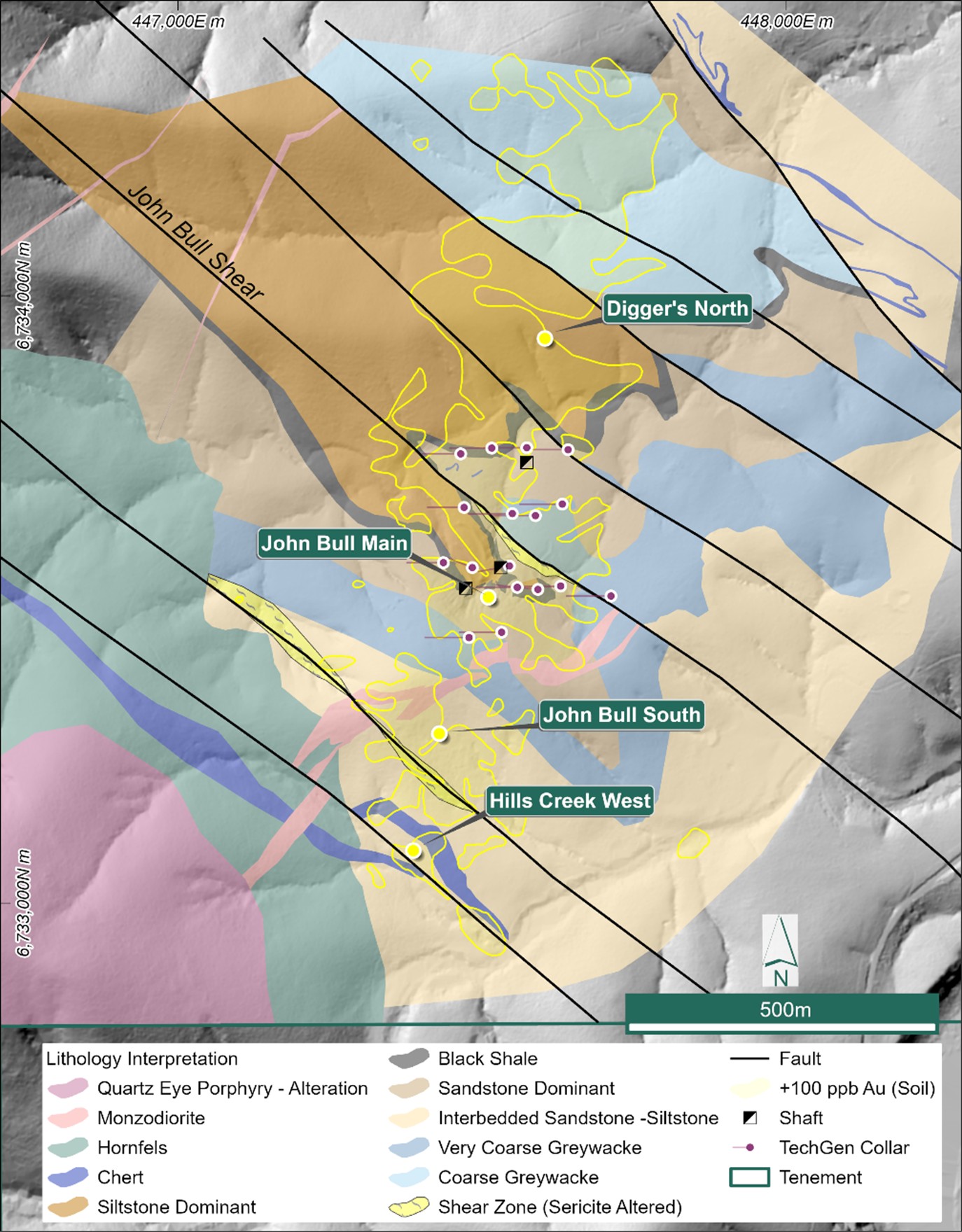 Regional geological interpretation map of the John Bull Project over LiDAR(TM).