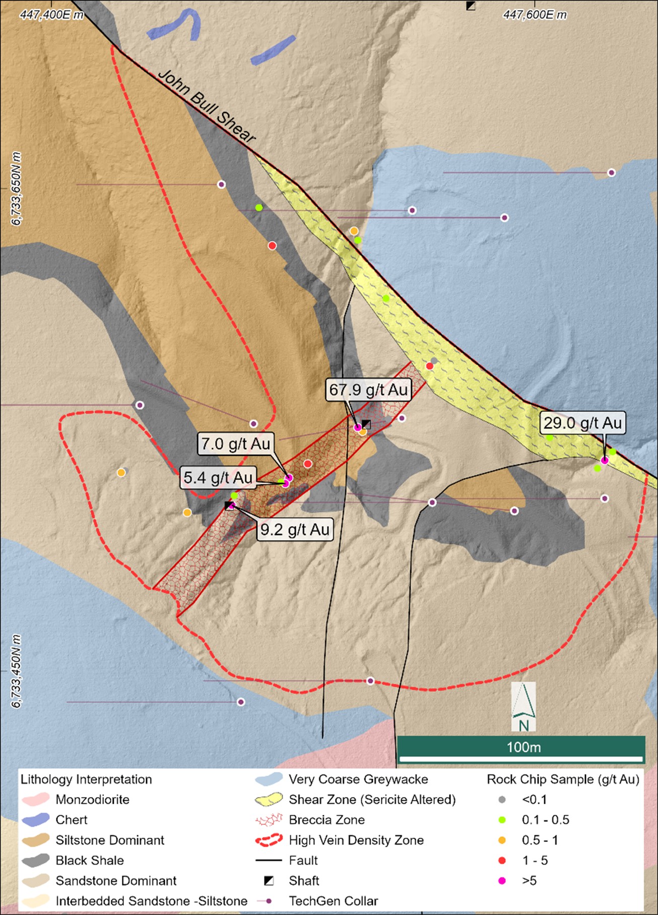 John Bull Main Workings interpreted geology showing preferred stratigraphy and vein arrays where outcrop can be identified. Refer to Appendix 1 for rock chip results