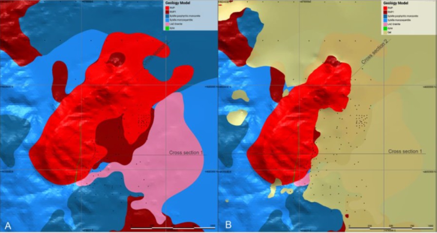 Figure 1 - Plan View of Geological Model (A colluvium excluded; B colluvium included)