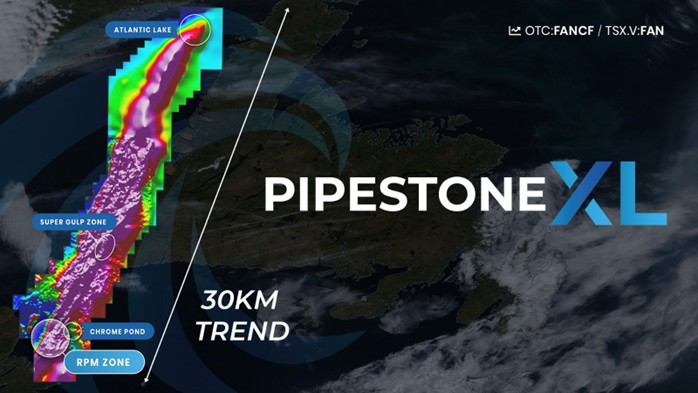 Pipestone XL Project Map showing the principal mineralized zones:  RPM Zone, Chrome Pond, Super Gulp and Atlantic Lake