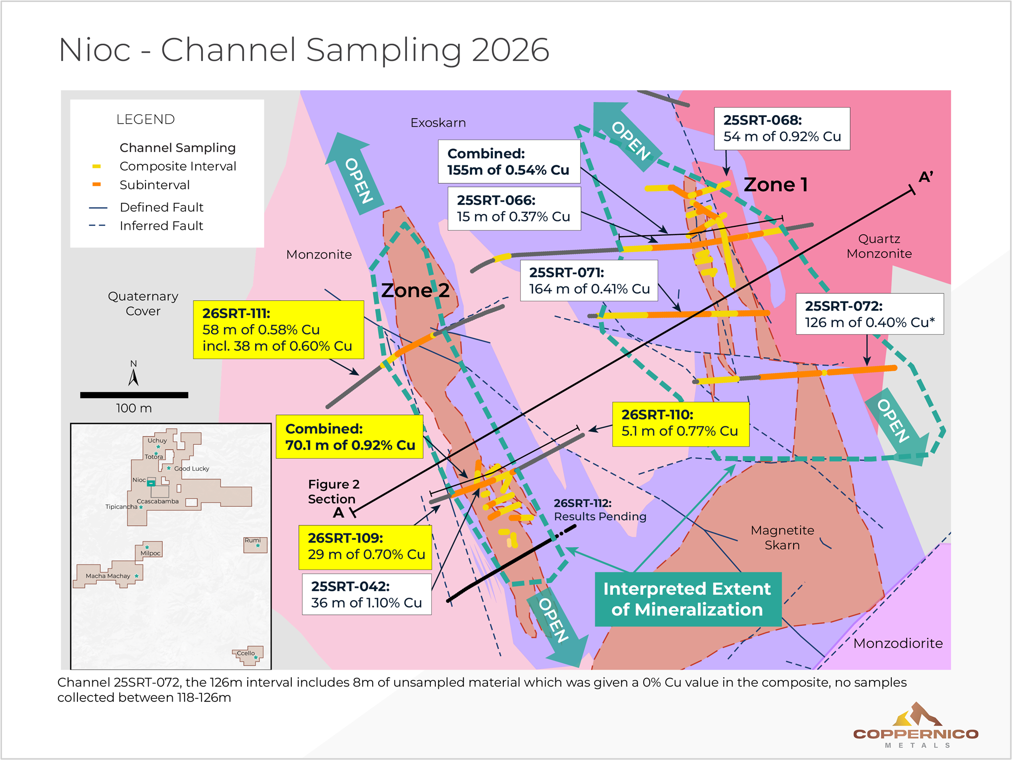 Plan map of Nioc Zones 1 and 2 showing channel sample highlights, completed and pending channels, and the interpreted mineralized footprint