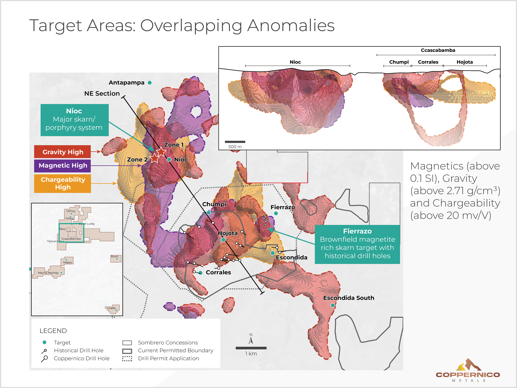 Nioc geophysical context map showing Zone 1 and Zone 2 surface mineralization over the coincident magnetic, gravity and chargeability anomalies previously disclosed (see news release dated February 25, 2026).