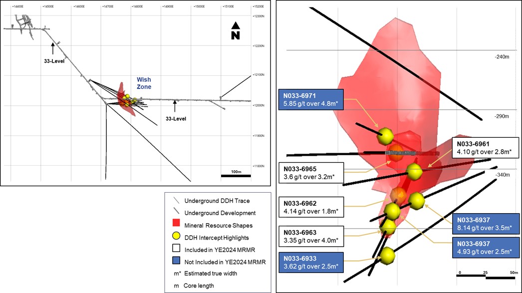 Wish Zone Drilling Plan View (Left) and Long Section Looking Southwest (Right)