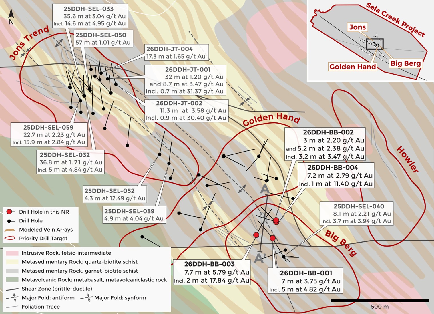 Map view of the Big Berg discovery holes. Note the continuity of structures and modeled vein arrays with the Jons Trend target. All 2025 results are indicated as intersected width. True width information, where available, is disclosed on the company website