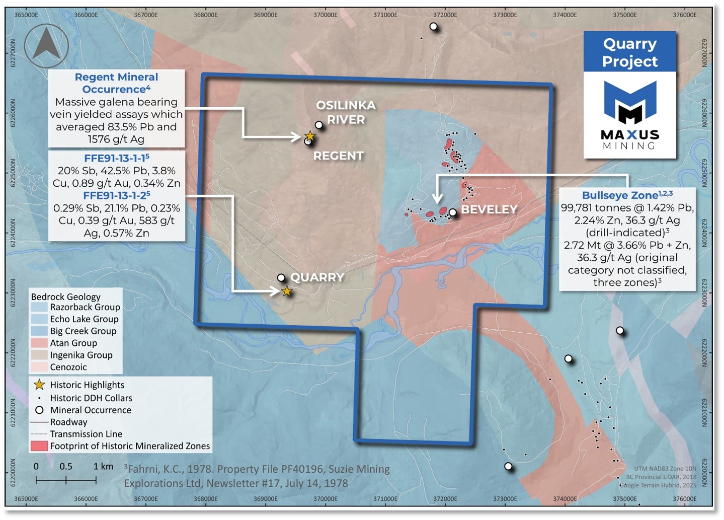 Quarry Project Highlighting Historical Showings and Locations of Significant Polymetallic Mineralization at the Bullseye Zone.