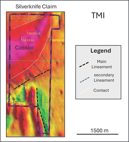Total Magnetic Intensity survey with geological and structural interpretation by Symonds (2024). Note the potential cross cutting fault structures in the central portion of the property (after Precision, 2024).