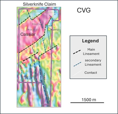 Calculated Vertical Gradient (CVG) with lineament interpretation of the Silverknife region (after Precision, 2024).
