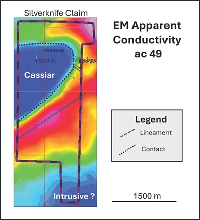 Electromagnetic apparent conductivity at 49 Hz in the Silverknife region. Note the anomaly in the northeastern part of the property (After EGL, 2024).