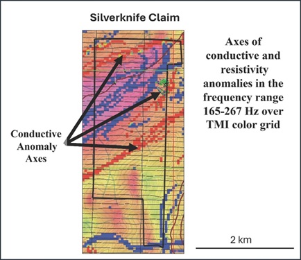 Axes of conductive and resistivity anomalies in the frequency range of 165-267 Hz plotted on a Total Magnetic Intensity color grid (After EGL, 2024).