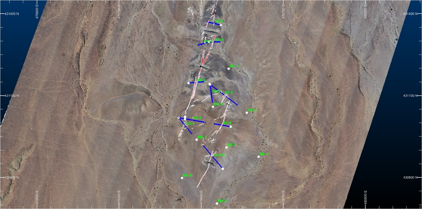 Figure 2: Planned diamond drilling (DDH) targeting the two main mineralized structures identified to date, where high-grade sulphide mineralization has been observed. The program also includes reverse circulation (RC) drilling designed to test the broader stockwork system and evaluate the potential extent of mineralization beyond the primary vein structures.