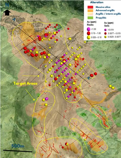 Figure 1 – High Sulphidation Epithermal Gold Targets from Gold Geochemistry and Surface Alteration Geology.