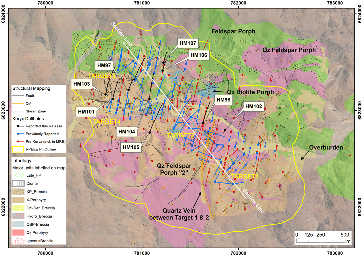 Plan view indicating recent drill hole locations. Assay results indicated in black shown on the long section below