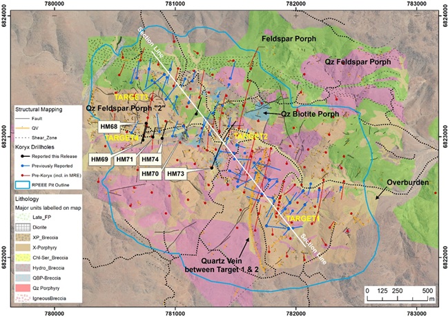 Plan view indicating the six recent drill hole result locations