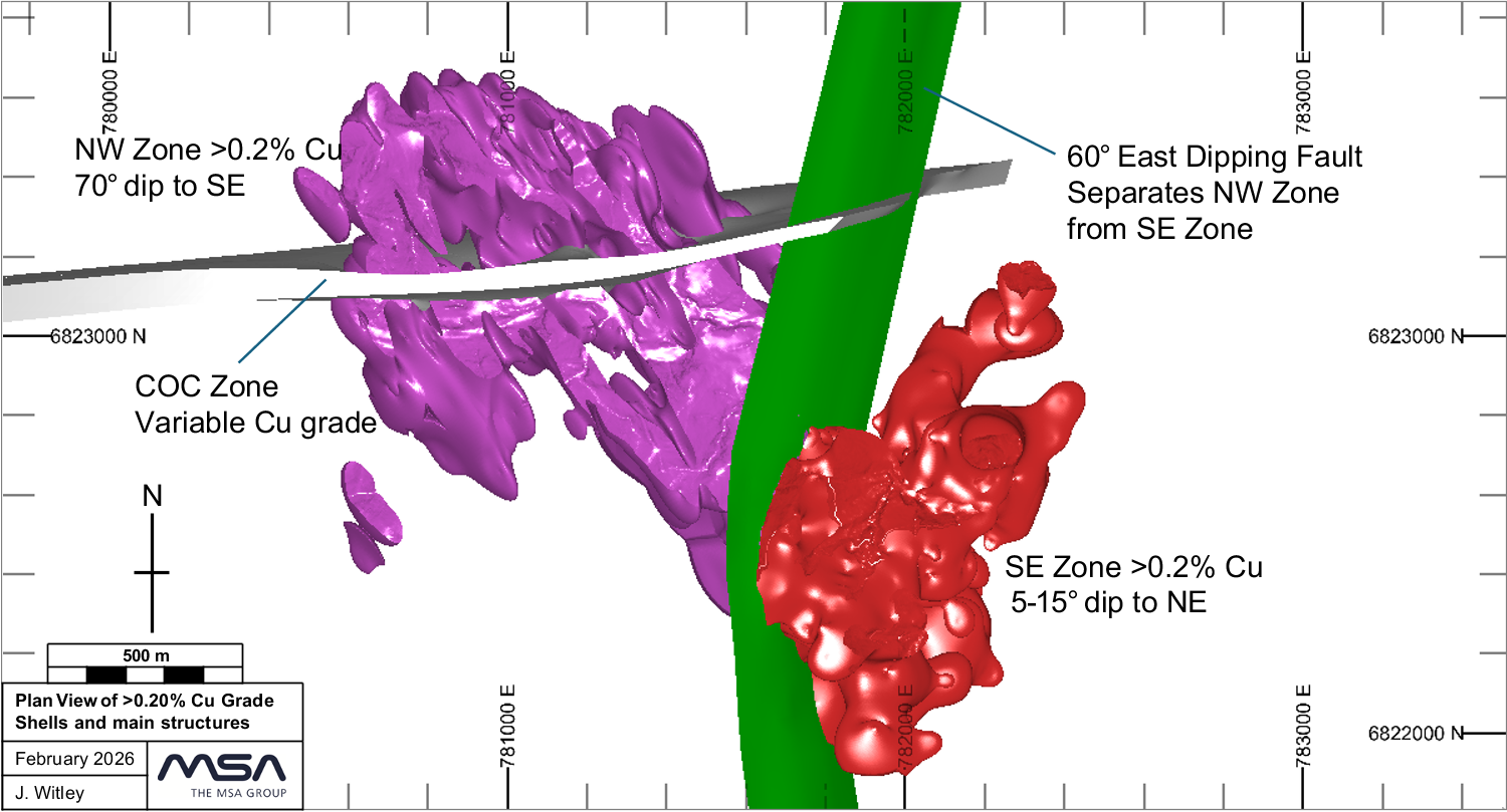 Figure 1. Plan view illustrating >0.2% Cu grade shells in the NW and SE zones and major structures