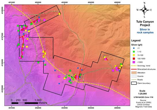 Figure 3: Positive Silver Results from Preliminary Rock Sampling – Tule Canyon