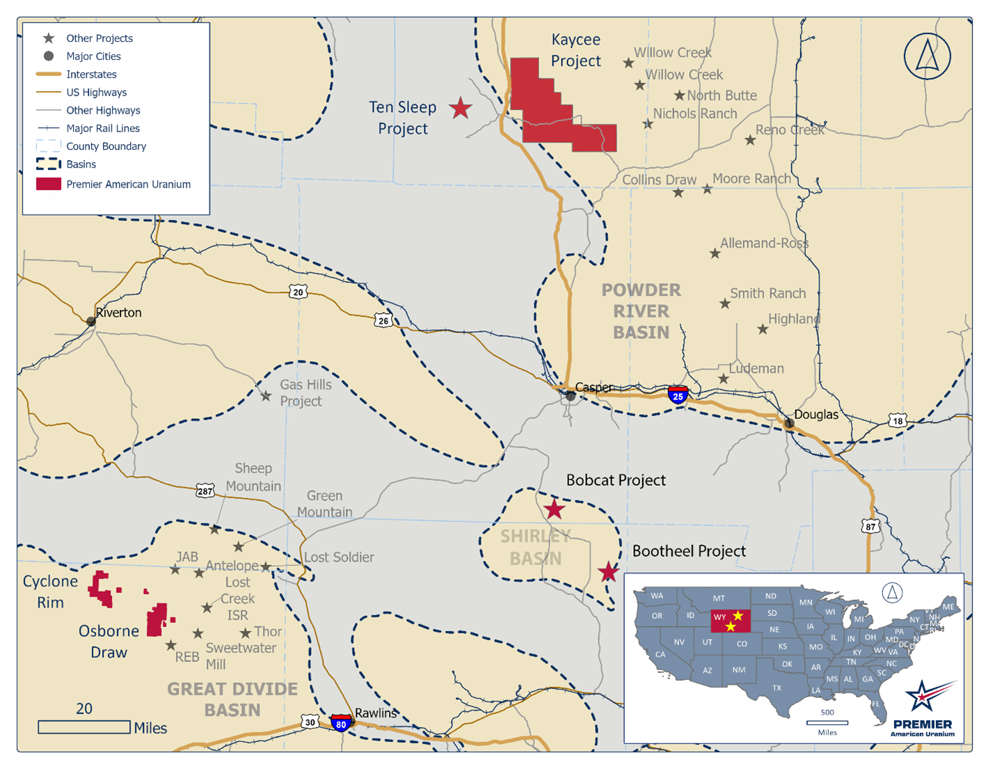 PUR’s Wyoming exploration portfolio, highlighting the Kaycee Project in the Powder River Basin and the Cyclone Project in the Great Divide Basin. Active exploration is currently underway at both projects.