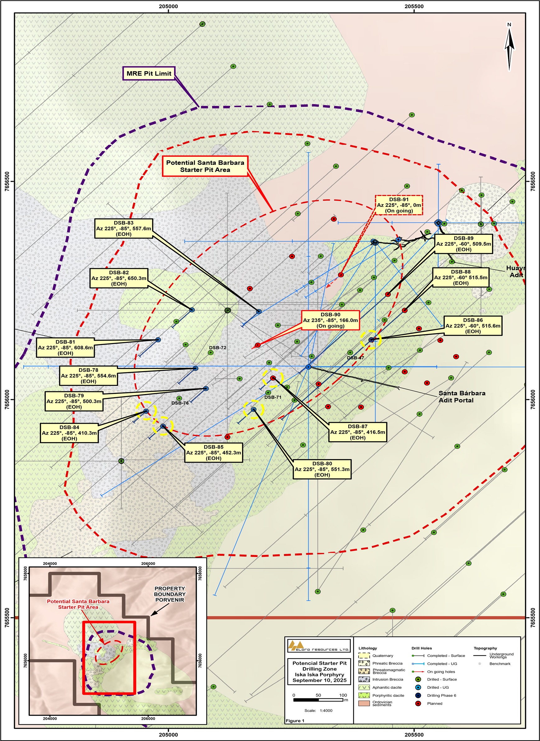 Location Map of Definition Diamond Drill Holes, Santa Barbara zone, Iska Iska. The yellow circles highlight the location of holes DSB-80, DSB-84, DSB-85, DSB-86 and DSB-87 referred to in this release.
