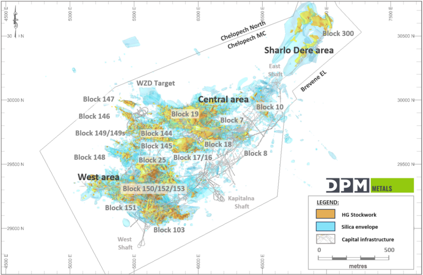 Plan view of the Chelopech deposit showing the location of key mining blocks as well as the Sharlo Dere Prospect and WZD target