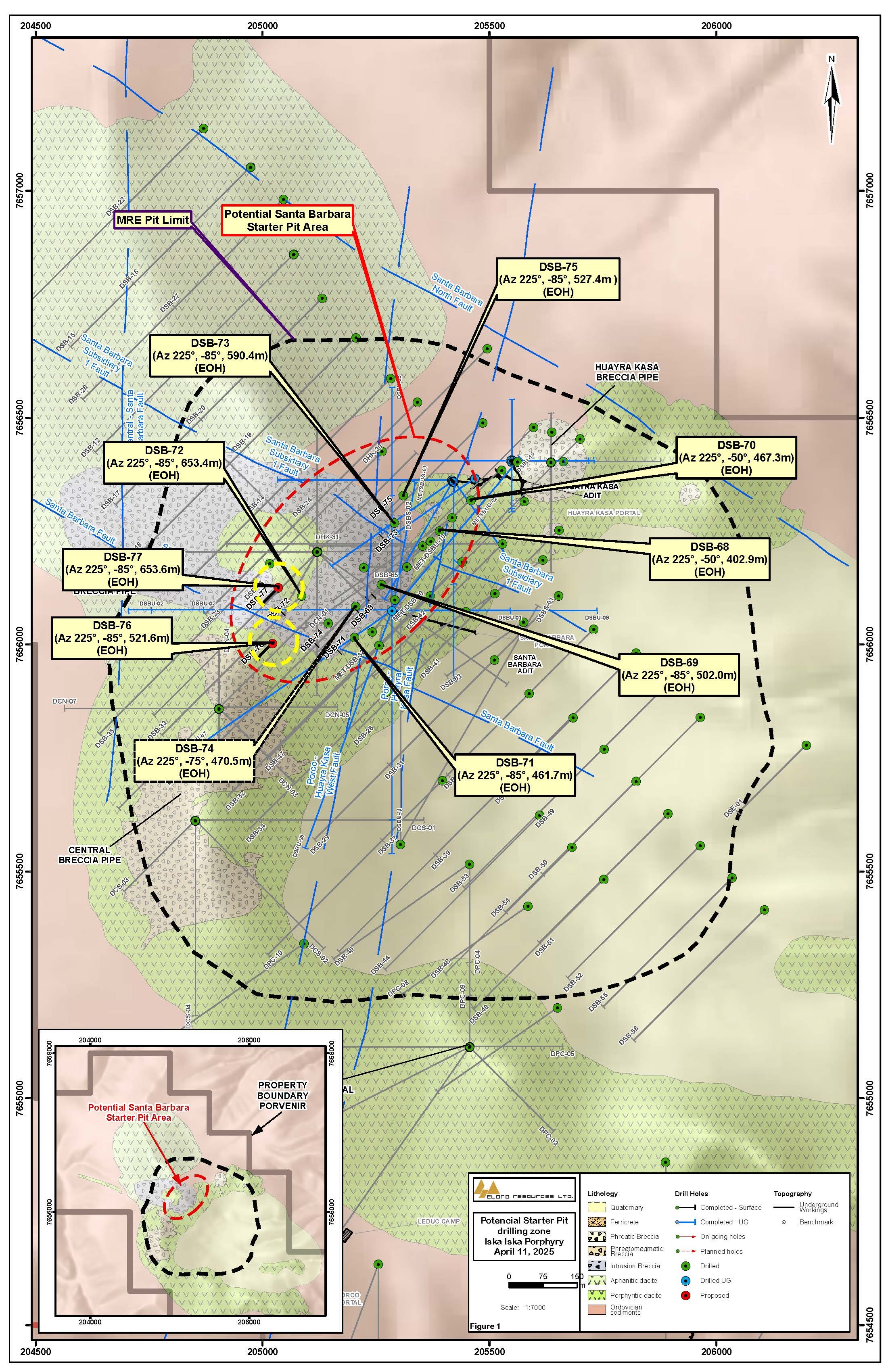 Location Map of Definition Diamond Drill Holes, Santa Barbara zone, Iska Iska. The yellow circles highlight the location of holes DSB-76 and DSB-77 referred to in this release.