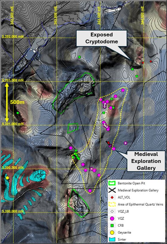 The newly extended location of the area of epithermal quartz vein material on the Horna Klapa portion of Rhyolite Ridge overlain on historic Sb soil geochemistry with 2m contours derived from LIDAR. VQZ=Vein Quartz, LB=lattice bladed textures present, CRB=chalcedonic veinlets within rhyolite rock, ALT_VOL=altered rhyolite rock.