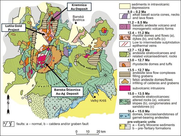 Regional geological setting of the Lutila Gold Project in relation to adjacent ore districts within the Central Slovakia Volcanic Field (after Kodera et al, 2014).