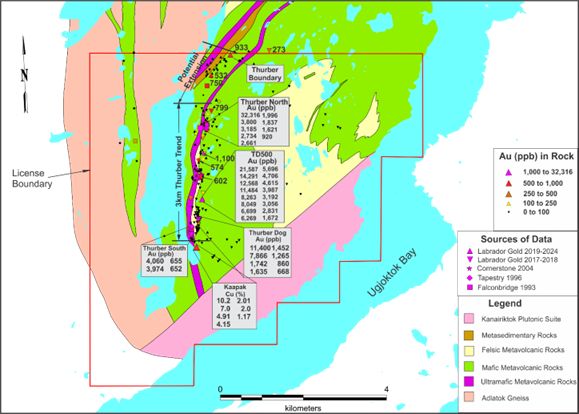 Gold and copper potential of the Thurber license, showing the 3km long Thurber Gold Trend.